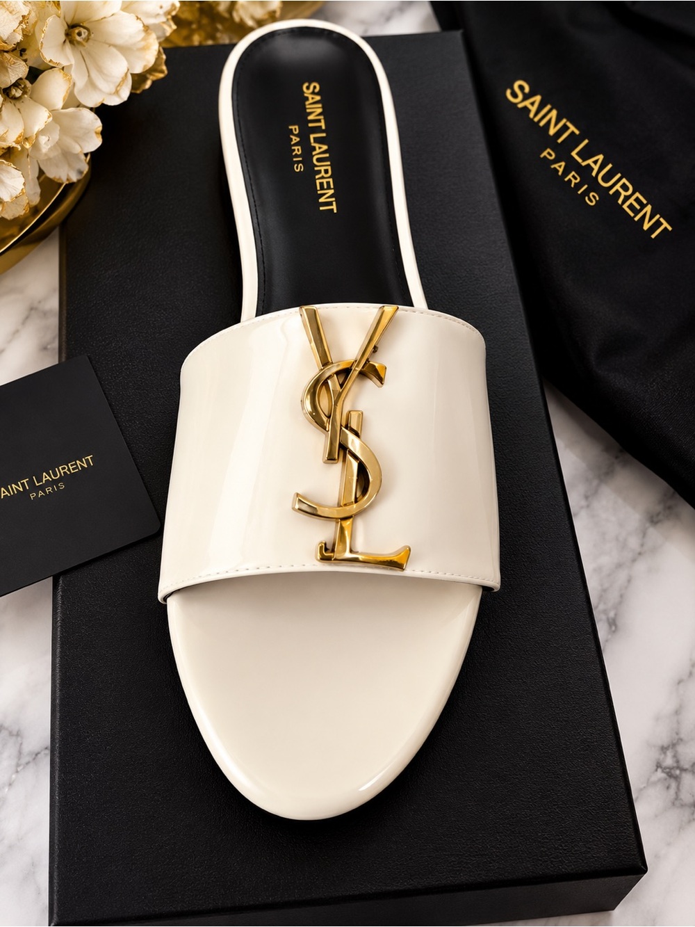 Saint Laurent Cream Patent Leather YSL Logo Slide Mule